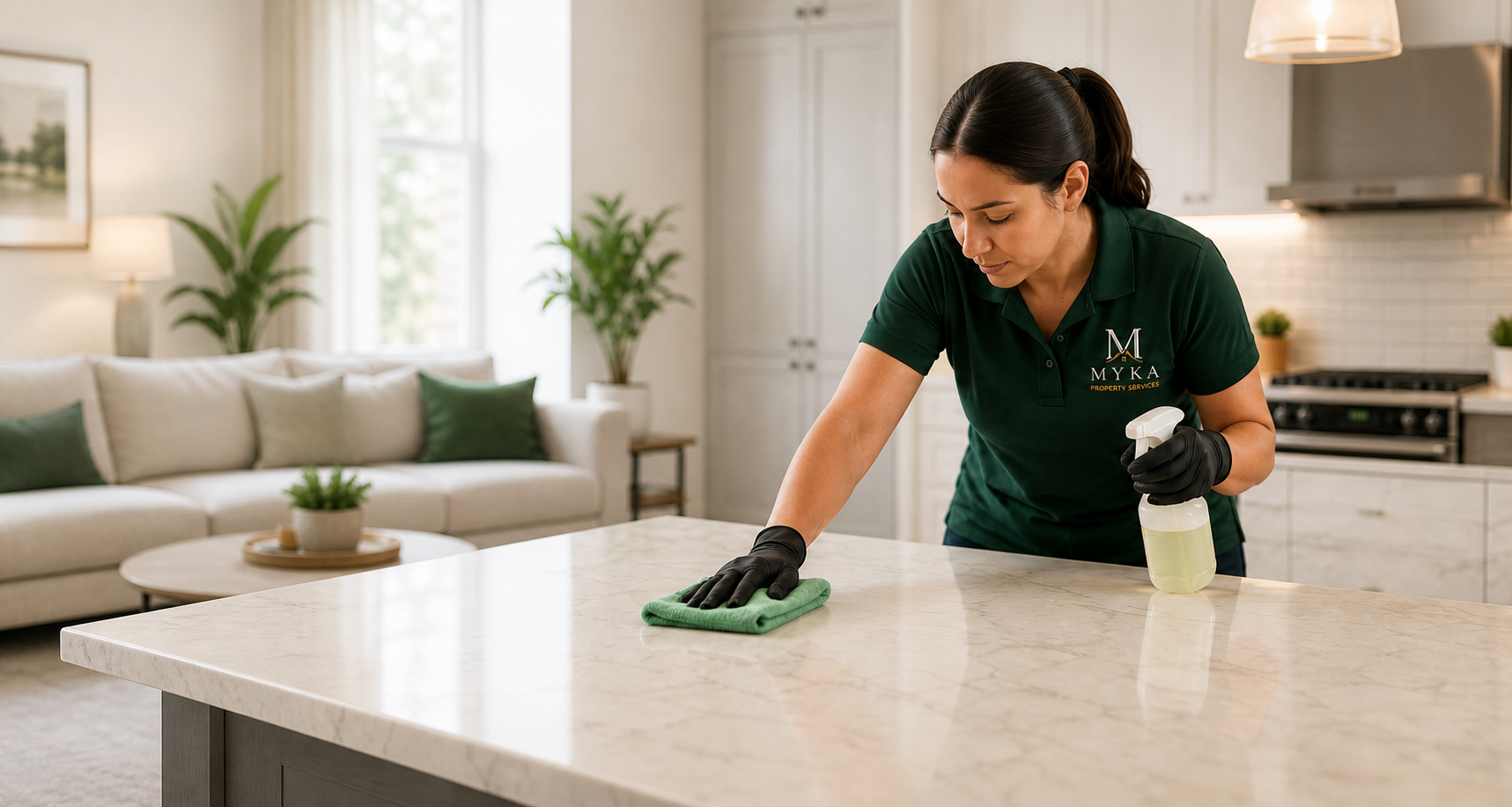 MYKA cleaning professional caring for a bright living room and kitchen