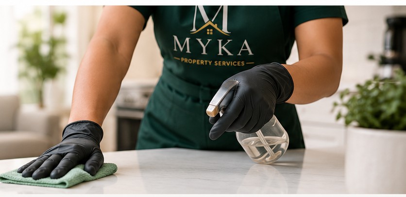 Professional cleaner wiping a kitchen countertop